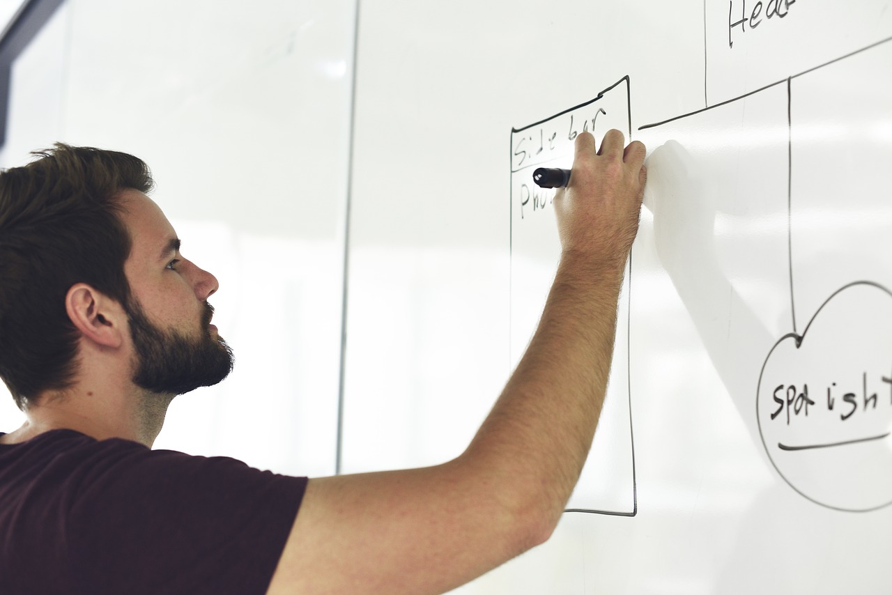 guy drawing a Wireframe on a white board